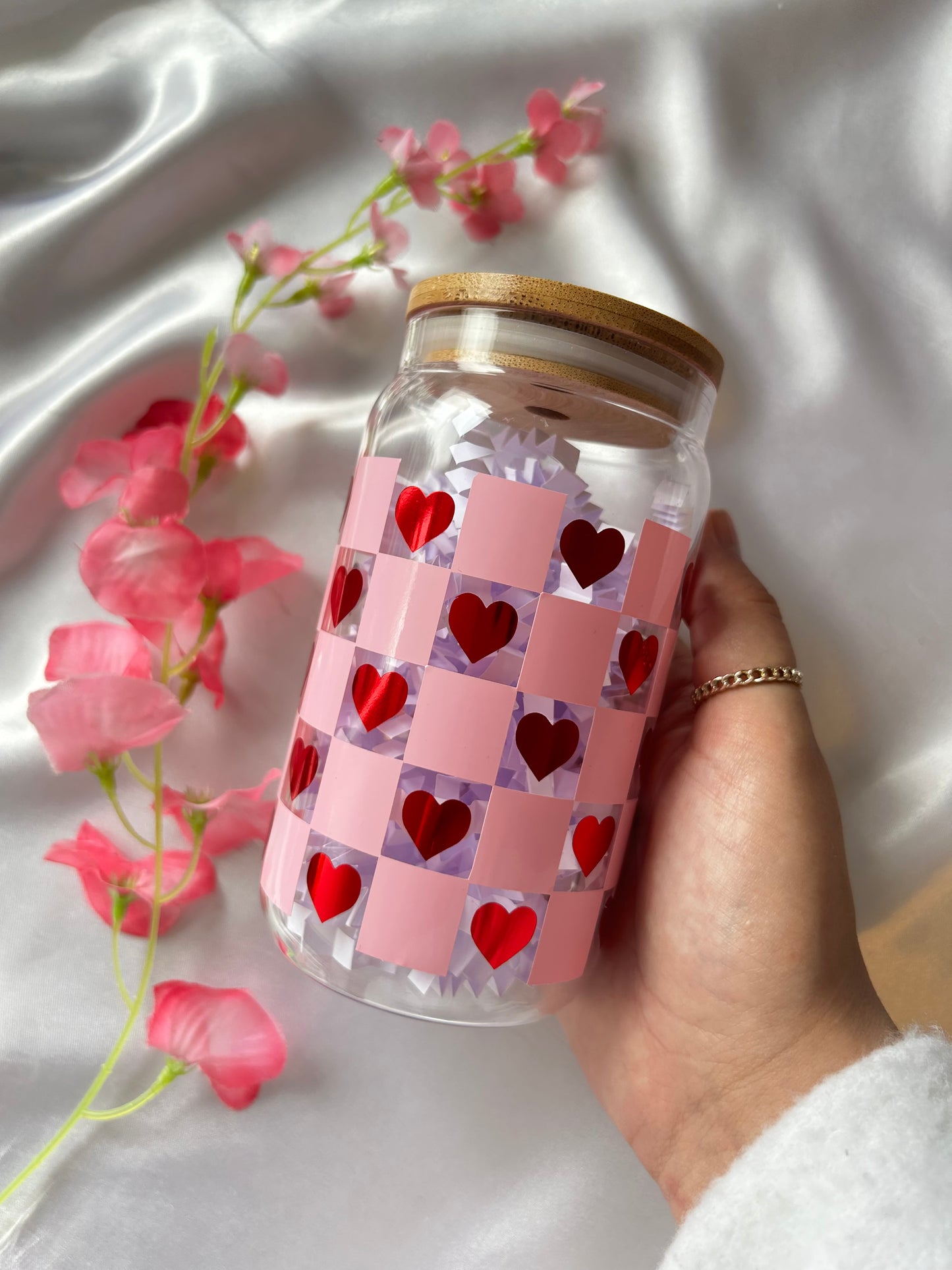 Checkered heart libbey glass cup